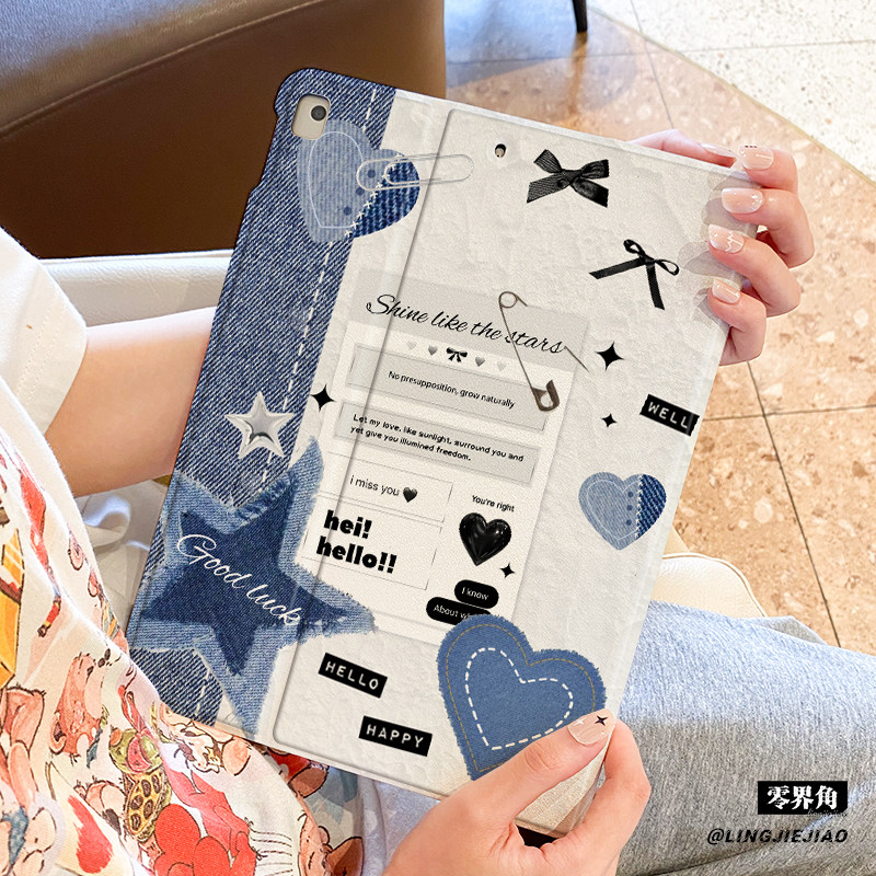 适用于ipad保护壳air6/5/4平板套2022/21/20爱心牛仔第九10代ipadmini7新款10.9寸书本式笔槽pro11苹果45硅胶