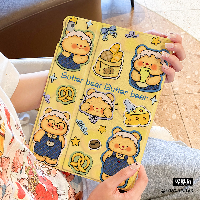 适用于ipad保护壳air6/5/4平板套2022/21/20面包小熊第九10代ipadmini7新款10.9寸书本式笔槽pro11苹果45硅胶