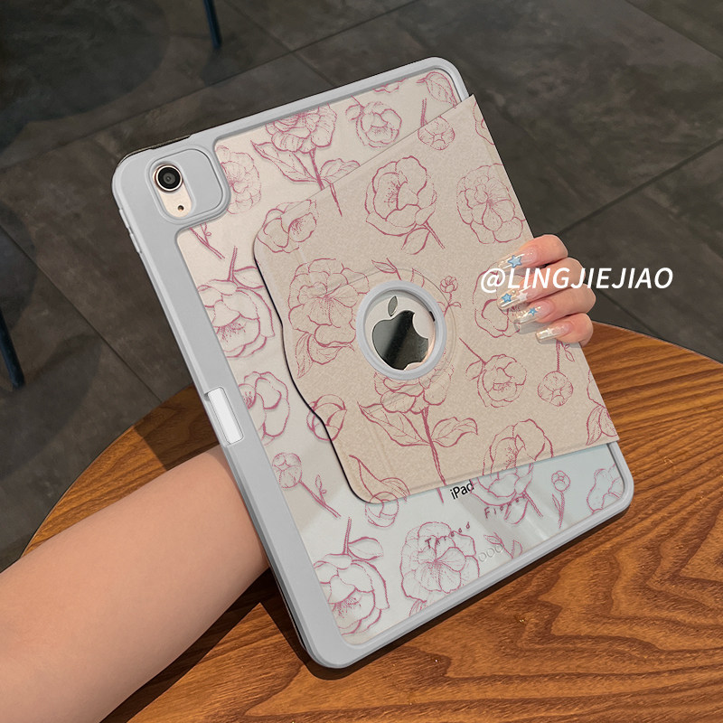 【720旋转x新品露标款】适用于ipad平板保护套红色花朵2022新款air6亚克力pro11三折10.9全包2018第十代苹果