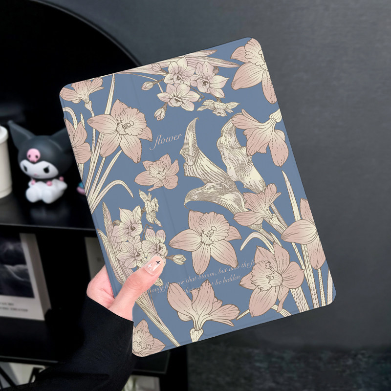 蓝底百合适用于ipad9保护套2022新款air5平板air4苹果ipadpro11寸笔槽2019第九8代三折2020mini5十代7air3壳6