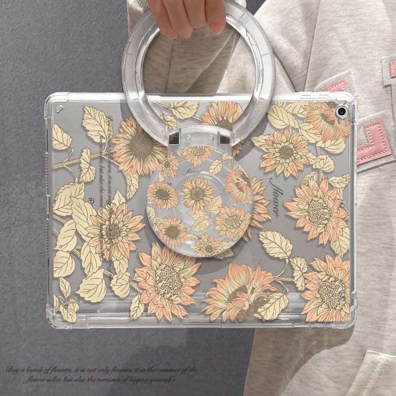 适用于ipad保护壳复古日葵mini6亚克力air5带支架2021第9代女2022新款平板套迷你5横竖10.2苹果旋转高透单面