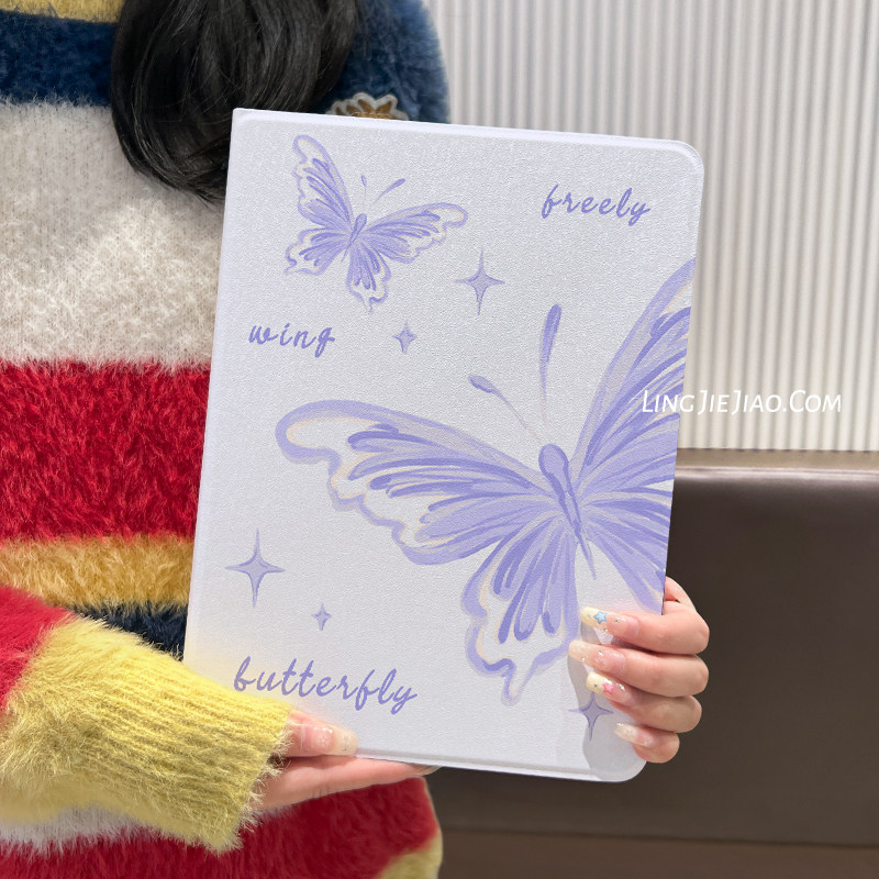 适用于ipad保护壳air5/4/3平板套2022/21/20紫色蝴蝶5/6九代新款10.2英寸书本式带笔槽pro11苹果mini45硅胶软