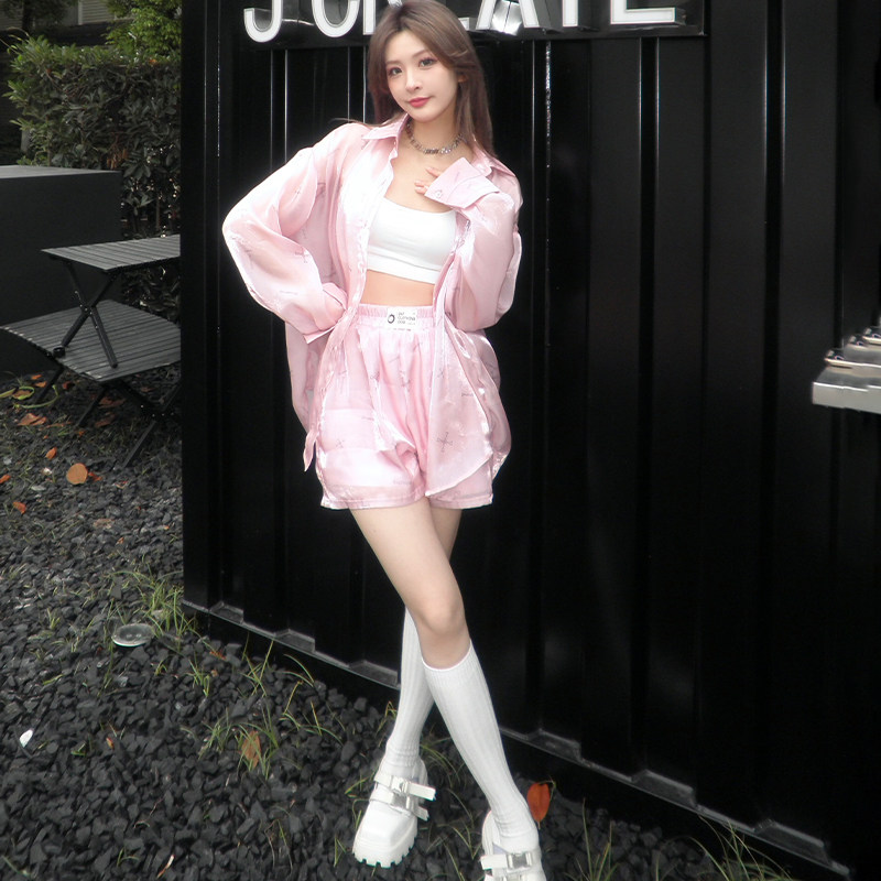 247ClothingDog满面印花欧根纱薄款夏季时尚防晒长袖短裤套装上衣