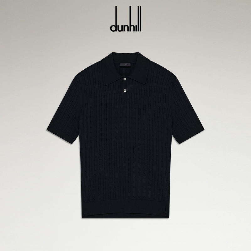 dunhill登喜路男士海军蓝棉质真丝短袖 Polo 衫