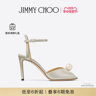 限时折扣 JIMMY CHOO SACORA 85女士珍珠饰一字带露跟高跟凉鞋