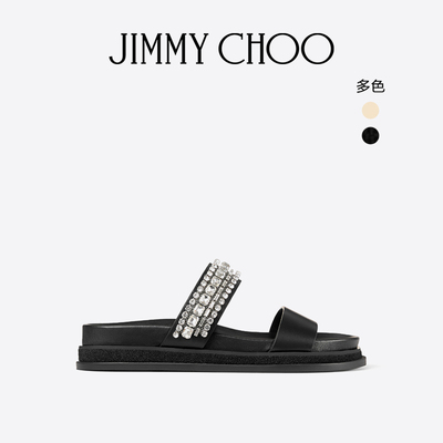 JIMMY CHOO/JADI FLAT 女士 水晶饰黑色植鞣皮革凉鞋