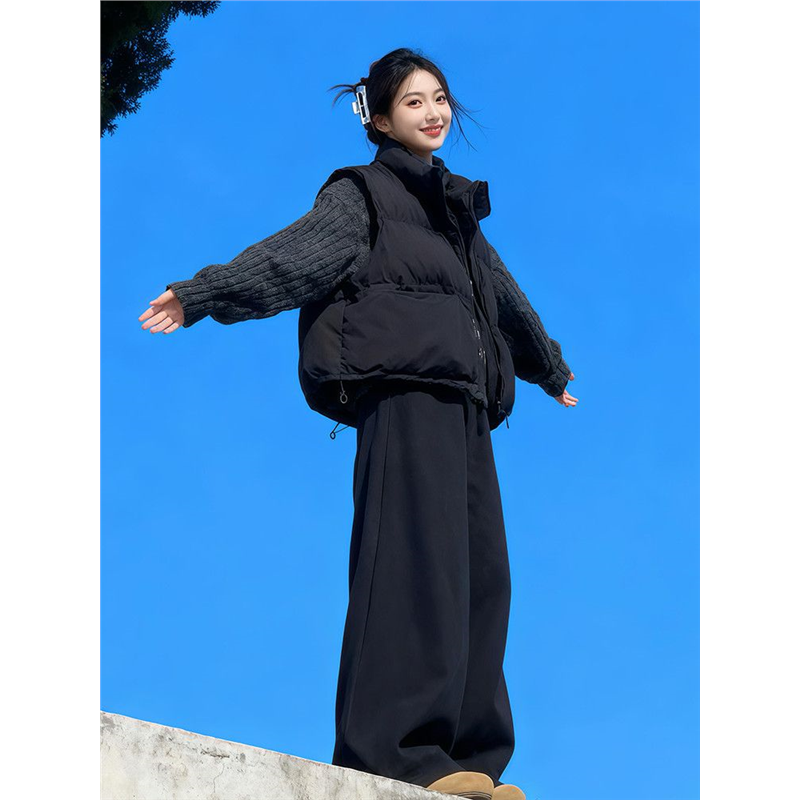 大码秋冬装韩系高级感棉服马甲套装女气质减龄毛衣休闲裤两件套