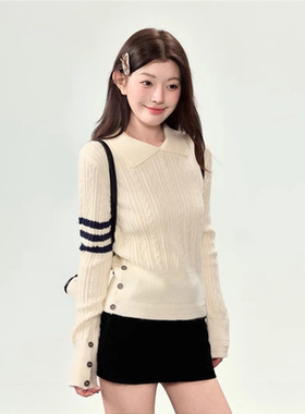 笨比甜Sweety翻领tb针织衫女上衣2025新款秋季麻花套头学院风毛衣