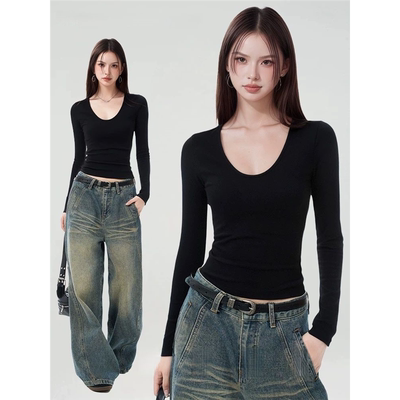 iiiamX黑色u领正肩长袖上衣t恤女2025新款秋季修身显瘦打底衫内搭