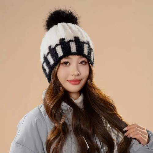 新款针织毛线帽子女秋冬季加厚保暖护耳帽甜美时尚套头帽韩版防寒