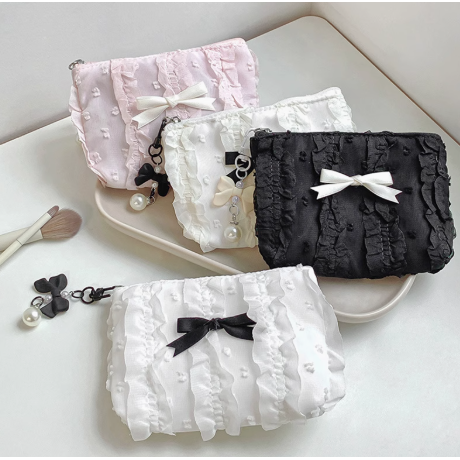 可爱化妆包化妆袋新款韩版蕾丝蝴蝶结大容量零钱包手拿包女收纳包