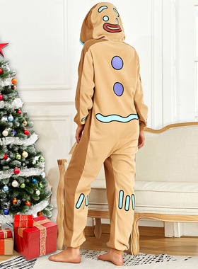 圣诞节姜饼人情侣摇粒绒连体睡衣cosplay成人表演服麋鹿节日派对