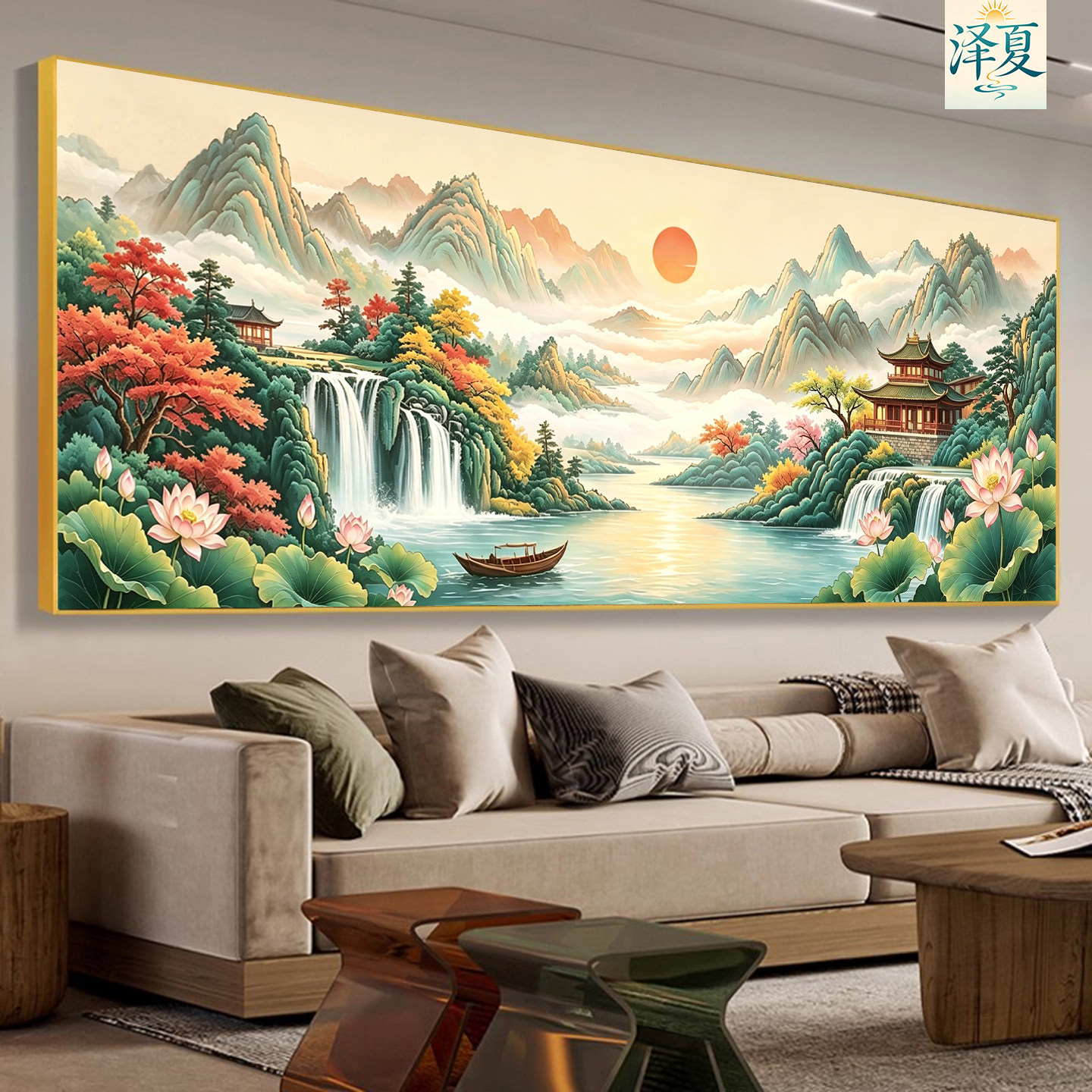 新中式山水荷花钻石画满钻客厅大气装饰画流水生财风景十字绣大画