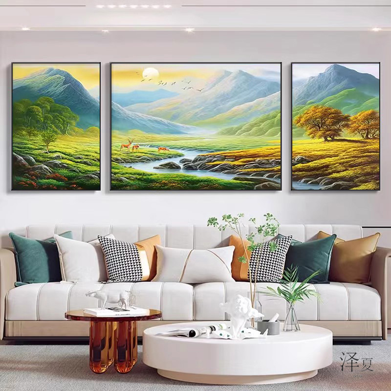 5d三联卧室钻石画旭日东升满钻2025新款客厅粘钻石十字绣山水风景