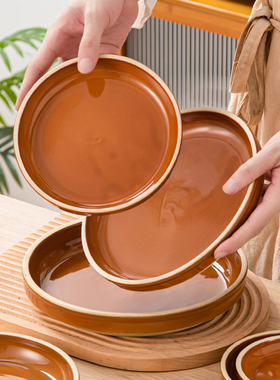 土陶盘农家乐土菜盘圆形老式土钵盘子陶瓷蒸菜肉盘耐高温家用大号