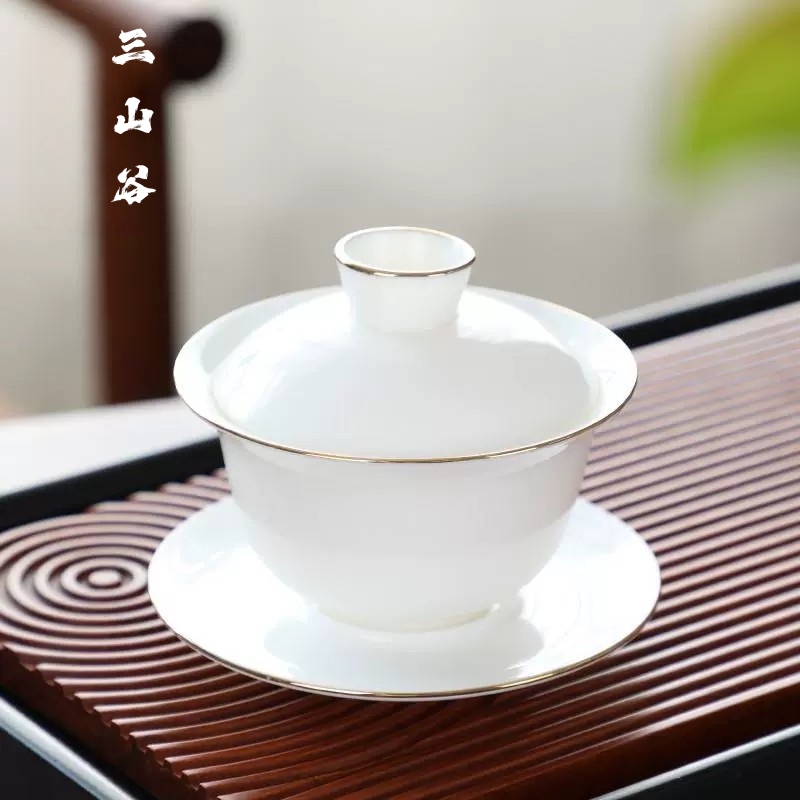 羊脂玉盖碗茶杯德化白瓷描金圆满盖碗色釉茶餐具 素白茶碗 德化白