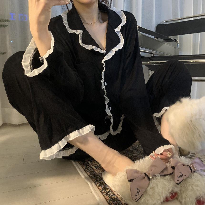 2026新款睡衣女韩版花边春夏长袖宽松可爱长袖女士家居服套装批发