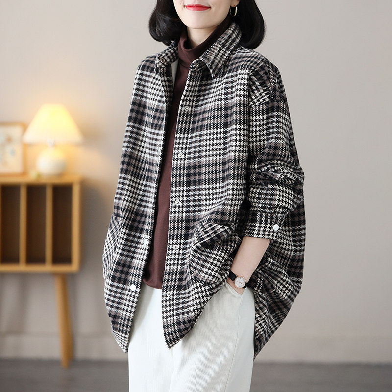 格子衬衫2025新款女春秋中长款女装外套复古气质上衣宽松长袖衬衣
