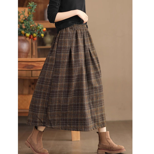 裙子大码 复古高腰中长款 垂感羊毛a字裙 新款 咖色格子半身裙女冬季