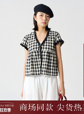 西町村屋韩系格子假两件上衣女装夏季新款复古短袖小衫XAAB10767