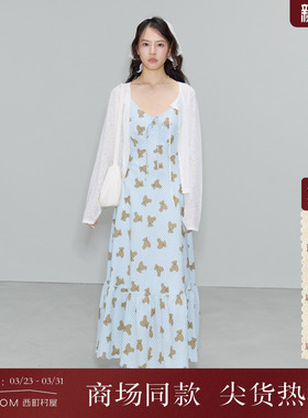 西町村屋格子小熊印花吊带裙2026夏新款简约可爱风长裙XABB10173