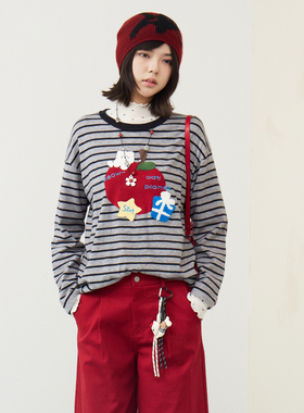 西町村屋趣味针织衫女装2026春新款小猫毛巾绣休闲上衣CCBA10443