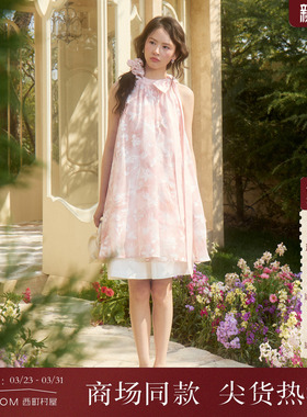 西町村屋仙系挂脖OP连衣裙2026夏新款蝴蝶结裙子含发饰XABB10095