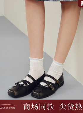 西町村屋复古感芭蕾鞋女款文艺风蝴蝶结方头平跟单鞋XABA20004