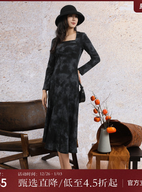 西町村屋气质晕染连衣裙女装秋季新款复古方领长袖裙子XA9C10072
