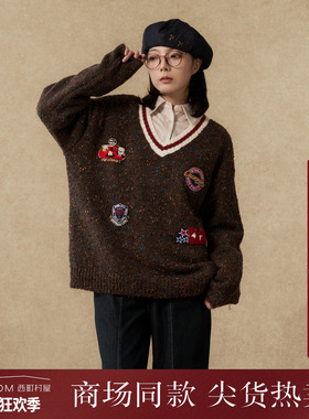 西町村屋学院感毛衣女2025冬季新款韩系绣花V领复古上衣XHAD10095
