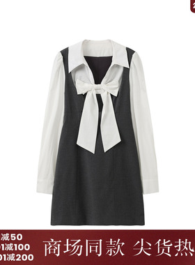 西町村屋假两件蝴蝶结连衣裙2026春新款miu系学院风长裙XABA10649