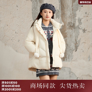 西町村屋简约羽绒服女装2025冬新款休闲连帽外套含围巾XHAD10190