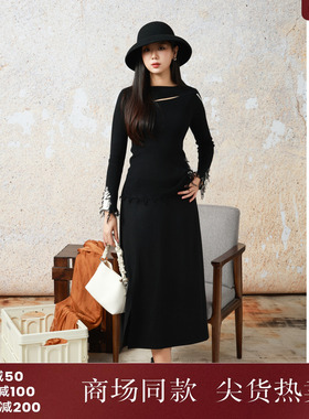 西町村屋简约细闪开衩直筒裙女秋冬新款休闲长款半身裙XX9D10035