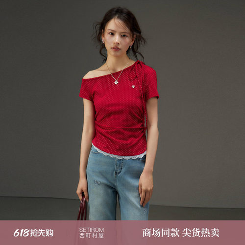 西町村屋纯欲风T恤女2026夏季新款甜系蕾丝拼接系带短袖XABB10202