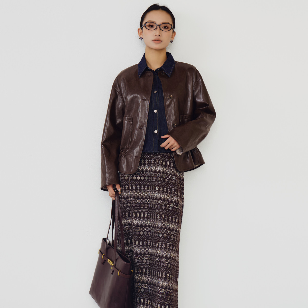 西町村屋复古圆领皮衣女2026春新款印花撞色两面穿外套XXBA10720