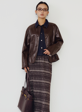 西町村屋复古圆领皮衣女2026春新款印花撞色两面穿外套XXBA10720