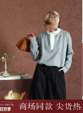 西町村屋休闲撞色假两件卫衣春季新款文艺百搭长袖上衣XHAA10164