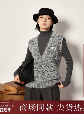 西町村屋极简风假两件针织衫女装秋冬新款气质V领上衣XH9D10534