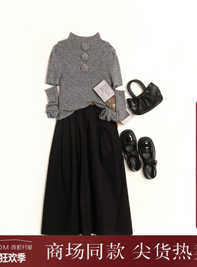 西町村屋轻潮立体花朵针织衫女装秋季新款法式修身上衣XA9C10028