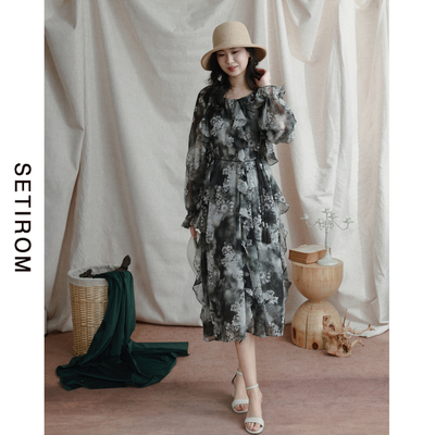 西町村屋气质荷叶边晕染连衣裙女