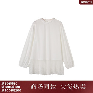 西町村屋甜美风花边拼接小衫女装春夏新款简约长袖衬衣XHAA10010