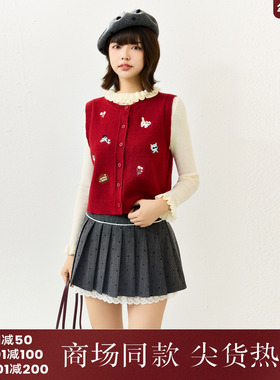 西町村屋趣味感马甲女装2026春季新款绣花圆领针织马夹CABA10286