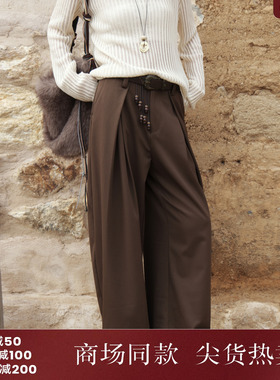 西町村屋打褶设计阔腿裤2026春新款休闲舒适长裤含腰带XXBA10397