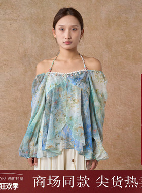 西町村屋油画晕染印花挂脖V领小衫夏季新款法式长袖上衣XAAB10306