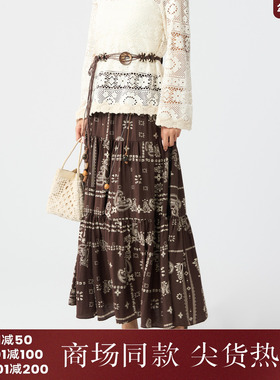 西町村屋度假风印花长款半裙女2025秋季新款复古半身裙XXAC10235