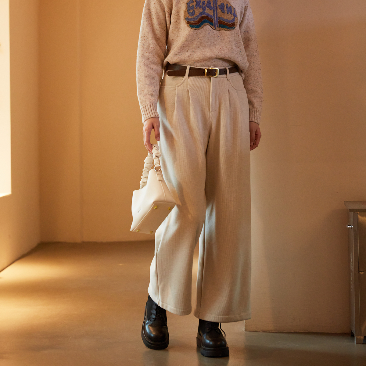 西町村屋简约宽松垂感高腰休闲裤