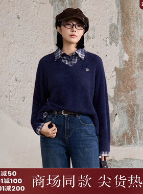 西町村屋文艺毛衣女2025冬新款假两件格纹拼接翻领上衣XAAD10739