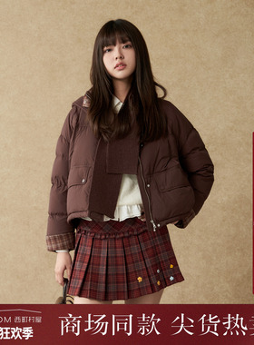 西町村屋复古羽绒服女2025冬新款格子拼接外套含披肩帽XAAD10002