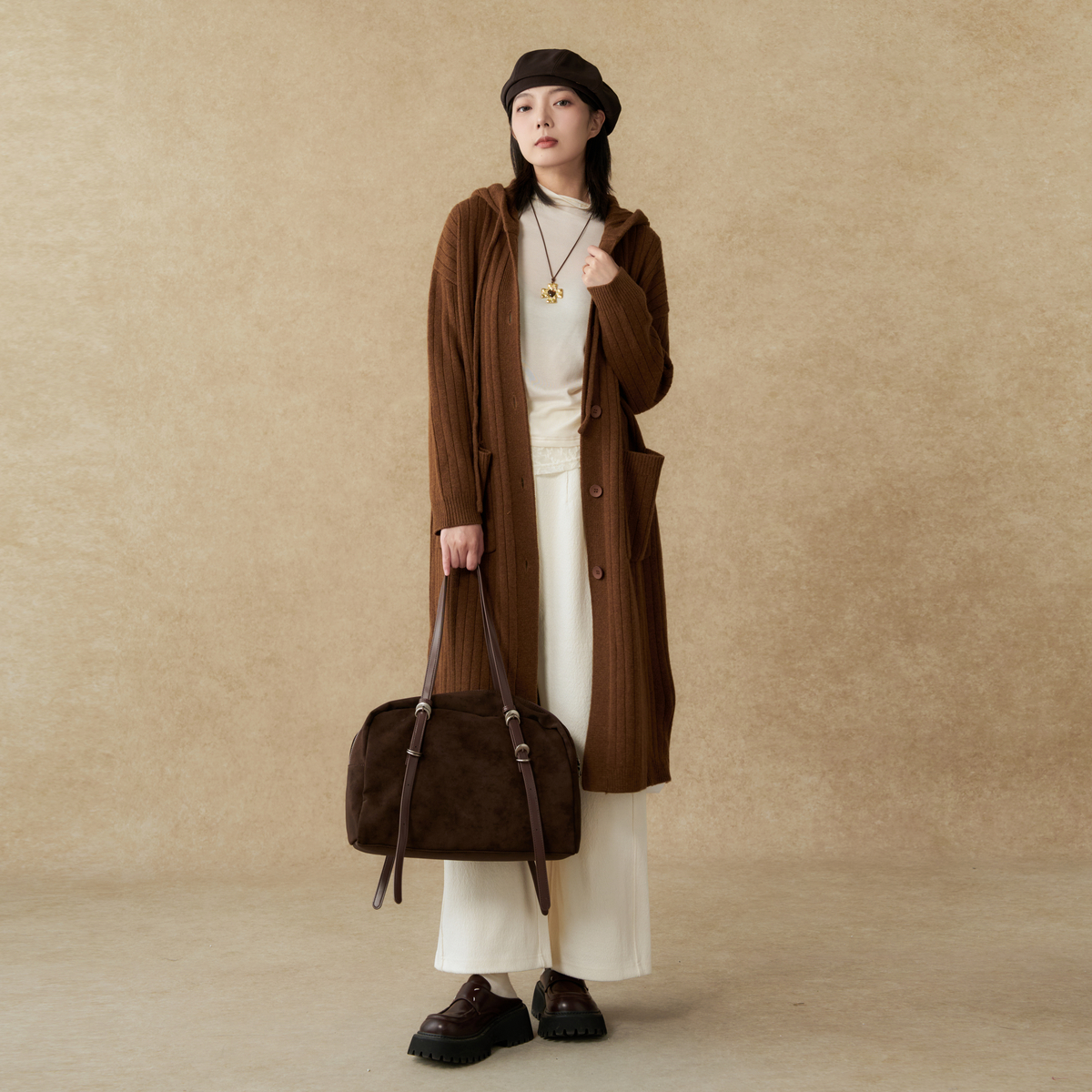 西町村屋休闲感开衫女装2025秋季新款长款连帽韩系外套XHAD10096