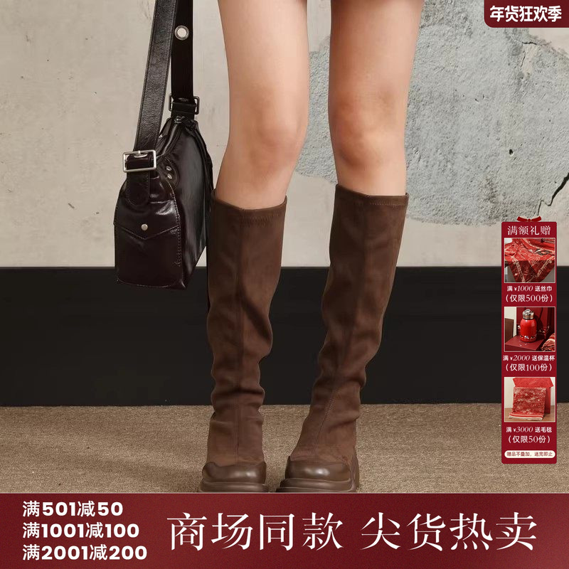 西町村屋复古绒面拼接中筒靴女新款气质百搭显瘦单靴XH9C20007,女鞋,马丁靴,淘宝优惠券,粉丝福利购,淘宝优惠卷